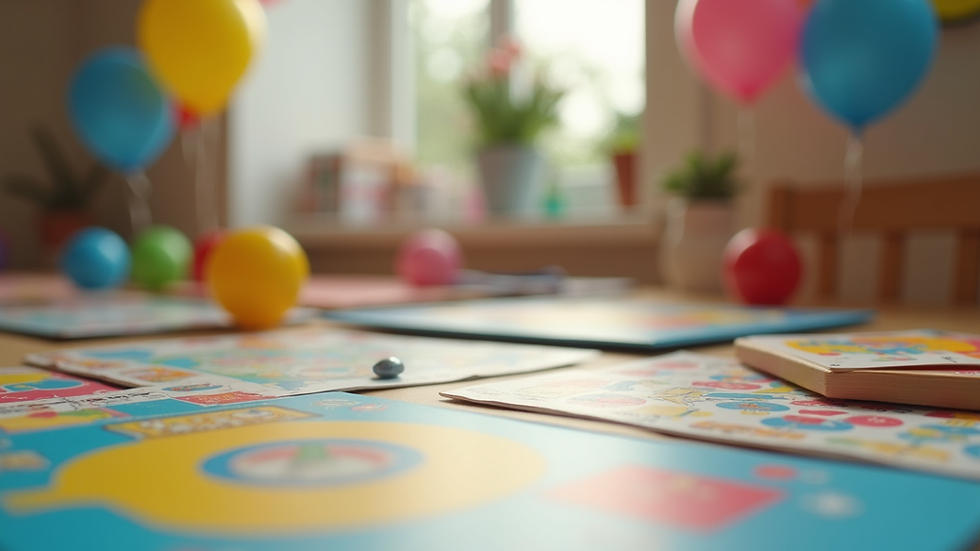 Close-up of colorful party games and decorations on a table