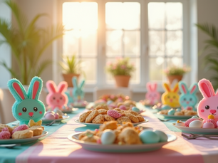Easter Bunny themed party table with DIY decorations and snacks