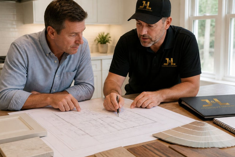 Homeowner and general contractor reviewing architectural blueprints and plans together at a table in a residential kitchen, discussing project scope with natural daylight streaming through windows