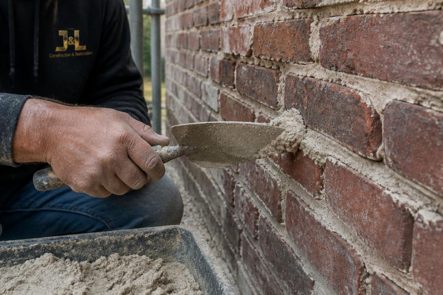 Close-up of a mason's hands applying lime mortar to a historic brick wall with a pointing trowel, showing the texture of the mortar and the aged brick surface