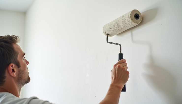 Eye-level view of a painter applying eco-friendly paint on a wall