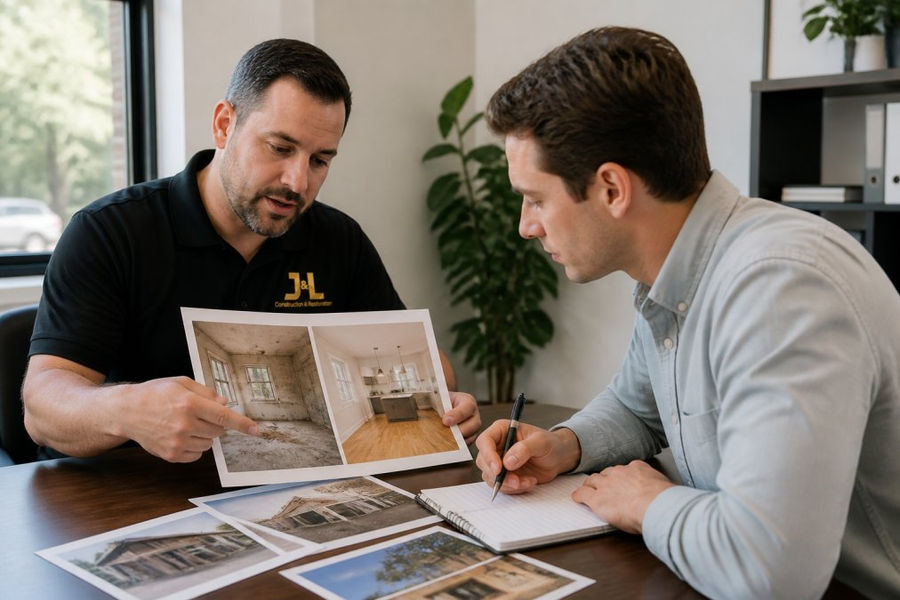 Contractor showing before-and-after renovation photos to a homeowner in a bright office setting, with the homeowner examining printed images closely while taking notes