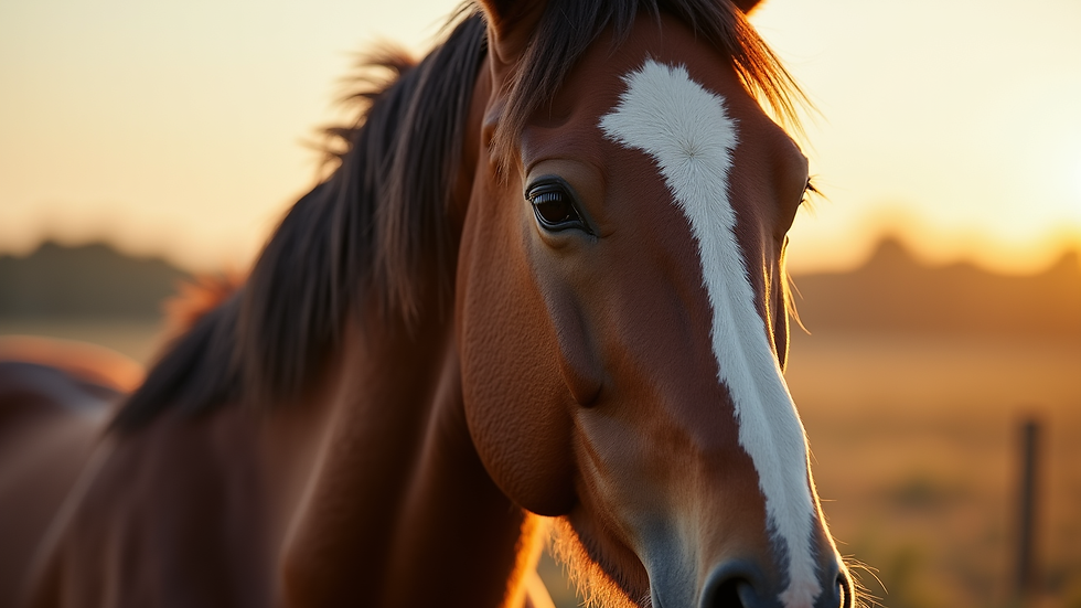 Close-up view of a draft horse’s head with soft sunlight highlighting its features