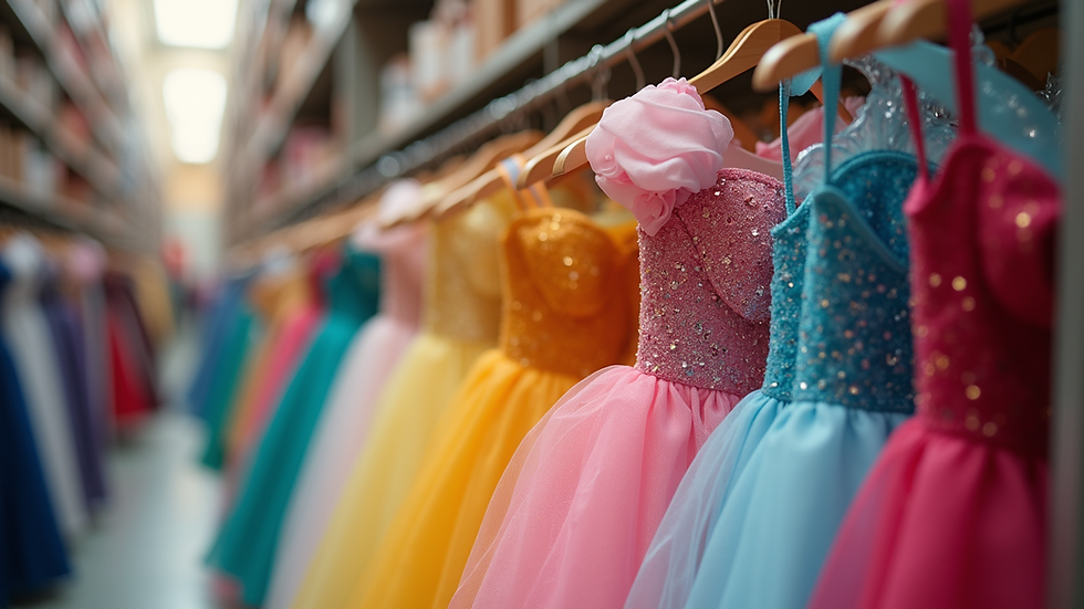 Eye-level view of a colorful princess costume hanging on a rack