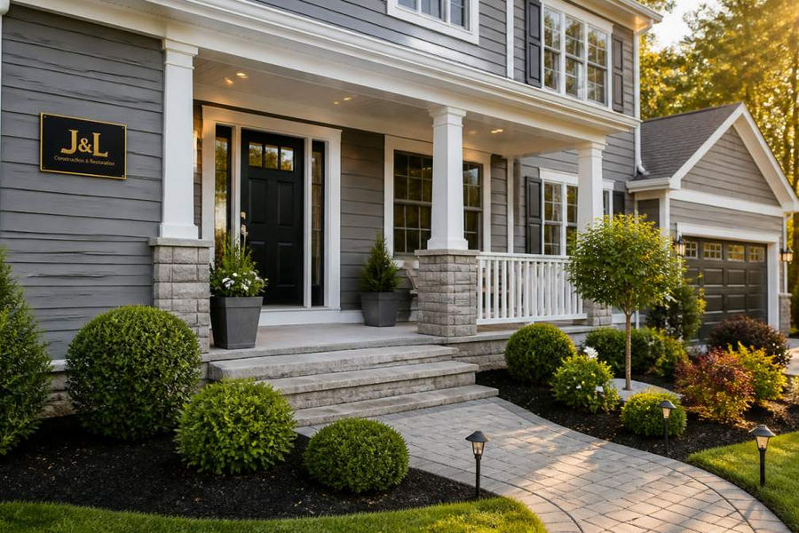 Suburban home with fresh siding and landscaping to increase home value through improved curb appeal.