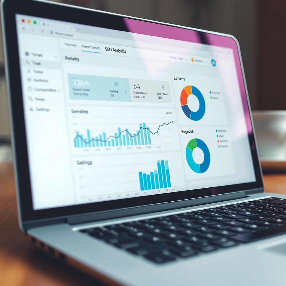 !Eye-level view of a laptop screen showing SEO analytics dashboard