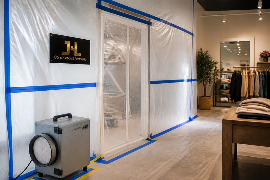 Close-up of temporary plastic sheeting and containment barriers with sealed seams separating a construction zone from an active retail sales floor, showing professional tape and HEPA filter equipment