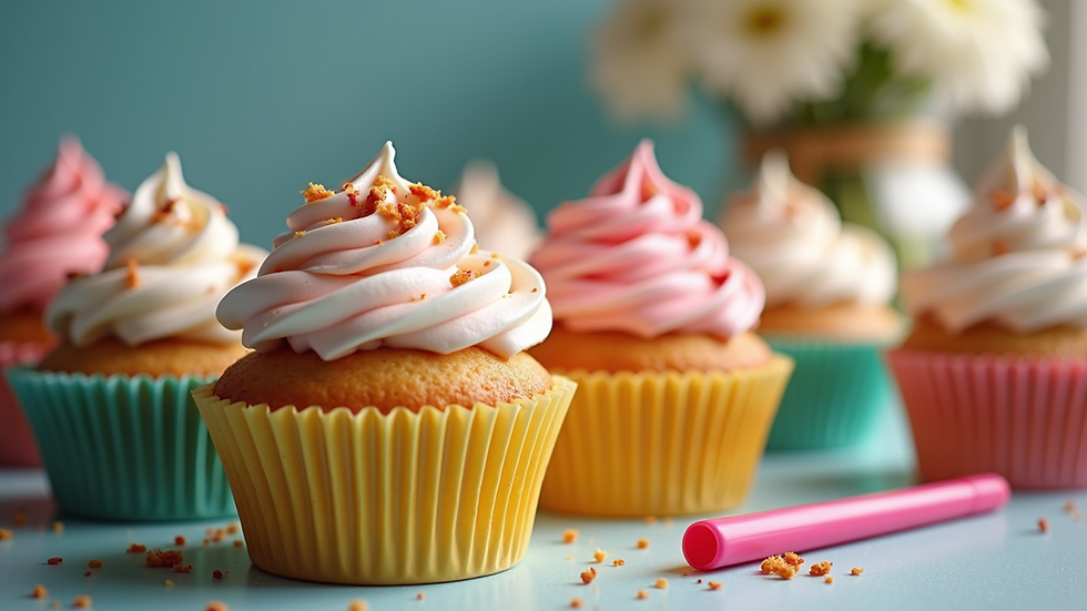 Close-up view of colorful DIY cupcake station with toppings