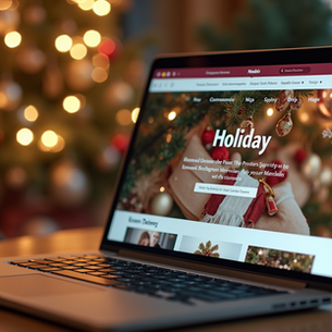 Eye-level view of a laptop screen showing an online shopping website with holiday decorations