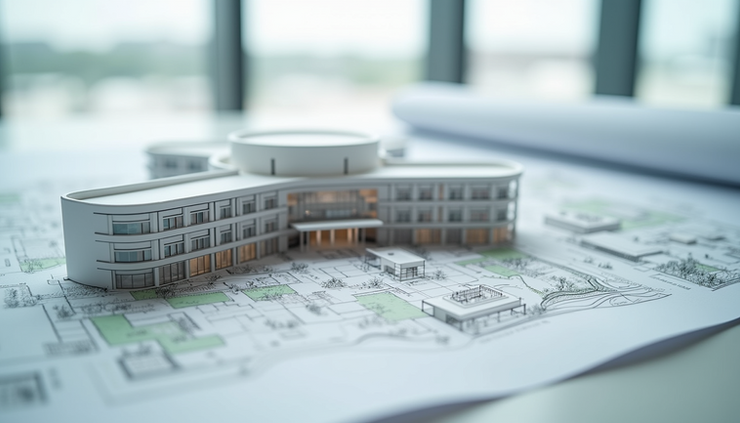 Close-up view of architectural plans and models for a modern hospital building