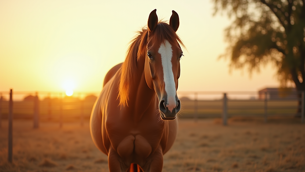 Eye-level view of a draft horse standing calmly in a sunlit paddock