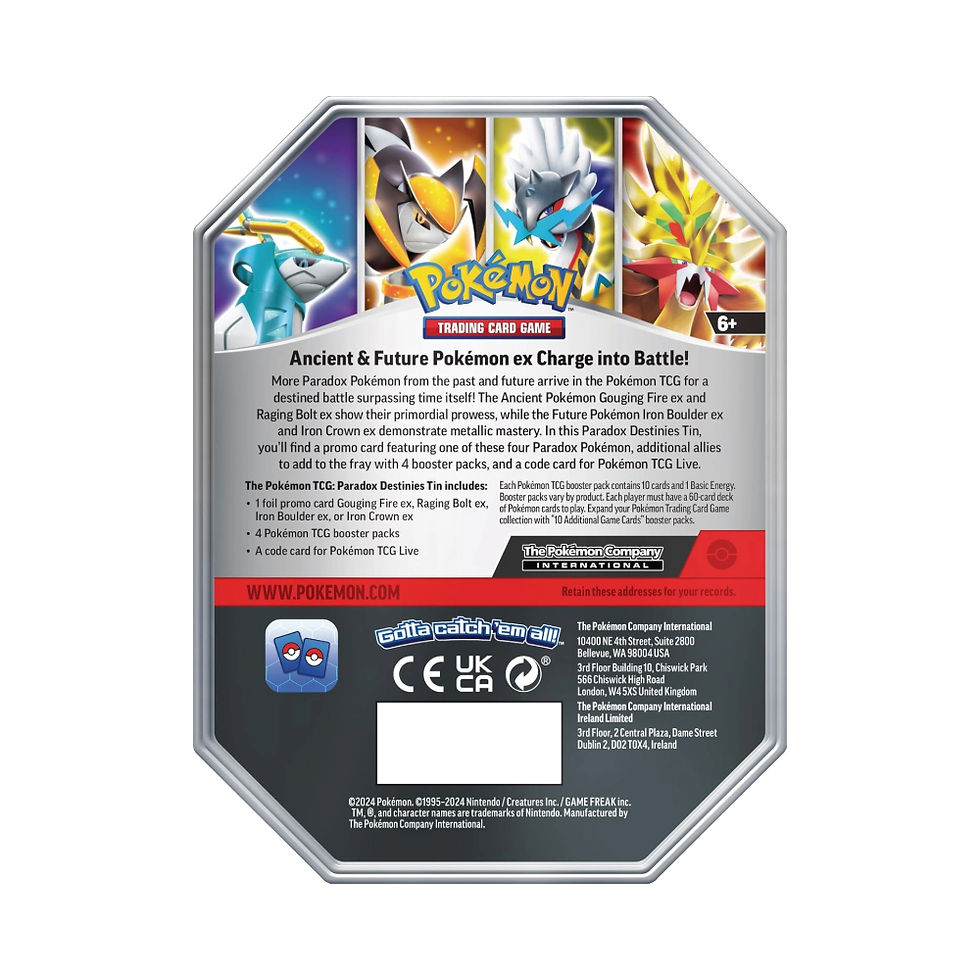 Pokémon TCG: Paradox Destinies Tin (Iron Crown ex) Rear View