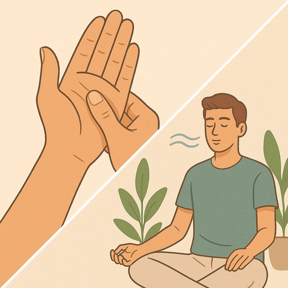 Illustration divisée en diagonale montrant un auto-soin en réflexologie palmaire et une personne en cohérence cardiaque pour prolonger les bienfaits.