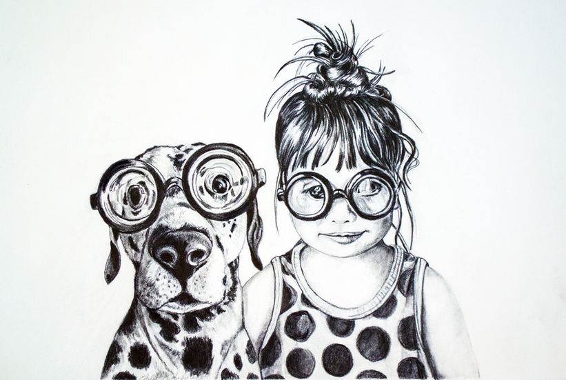 cute girl and her dog graphite drawing