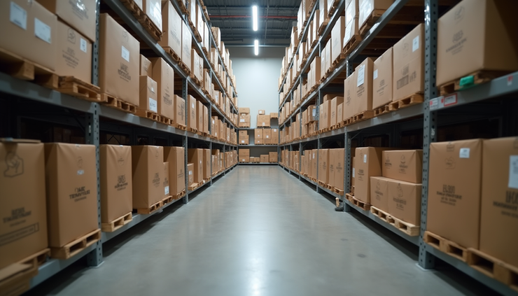 Vista interna de um centro de distribuição de moda com prateleiras organizadas e caixas etiquetadas