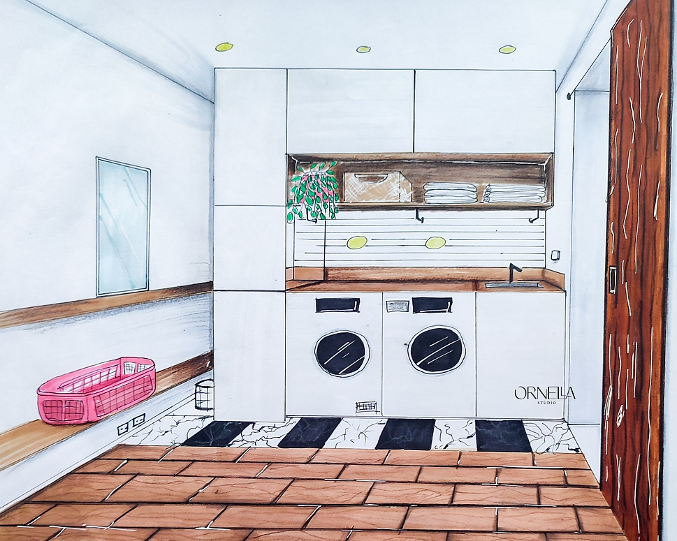 Croquis Buanderie blanc et bois _ Ornella Studio