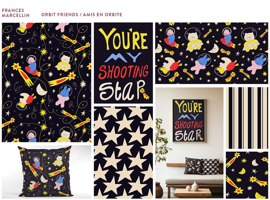 Collection of cute animals in space with mock ups of patterns as art prints and cushions - available for licensing