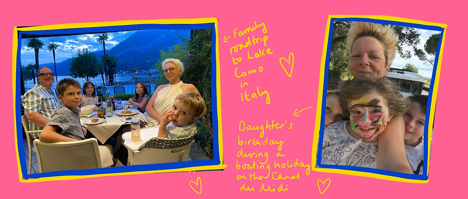 Frances Marcellin and her family eating at a restaurant on holiday in Lake Como