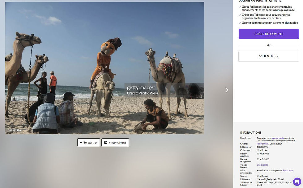 Rafah, Gaza – 2016/08/10: Palestine clown riding a camel on the beach of the town of Rafah in southern Gaza Strip. (Photo by Nidal Alwaheidi/Pacific Press/LightRocket via Getty Images).