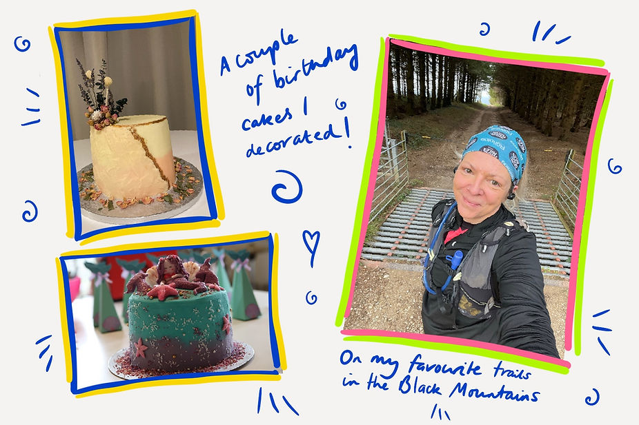 Frances Marcellin trail running and pictures of cakes that she has decorated