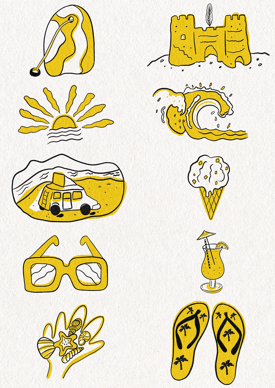 Hand-drawn digital summer icons by Frances Marcellin, custom illustration set for websites, editorial and branding projects