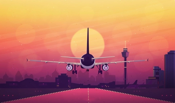 Stunning backdrop featuring an airplane touching down at an airport against a city skyline with the sun shining brightly overhead.