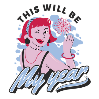 "This will be my year quote design" illustration. A cheerful girl is depicted, surrounded by festive elements like fireworks, champagne, and a countdown clock striking midnight. 