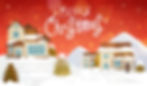 Snowy Christmas landscape adorned with charming houses nestled amidst glistening Christmas trees.
