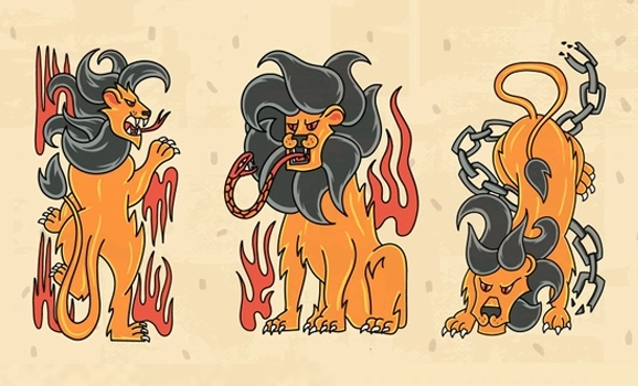 three majestic lions in various dynamic positions, encompassed by blazing flames and captivating chains, all rendered in a striking tattoo-inspired aesthetic
