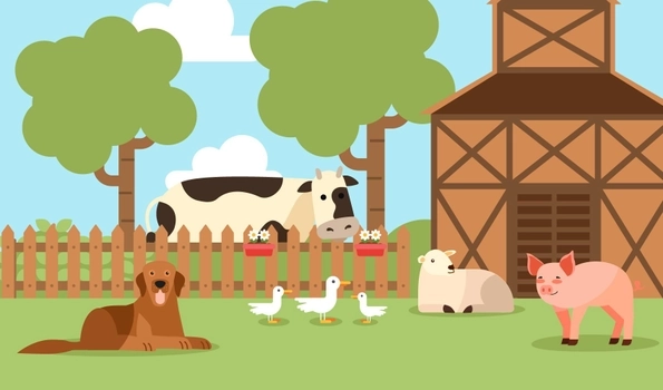 picturesque farm scene, complete with a charming house and a variety of animals such as a cow, sheep, pig, ducks, and a playful dog
