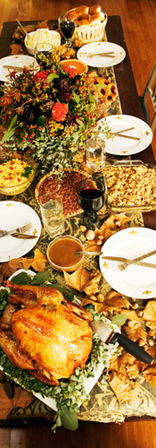 High angle view of Thanksgiving food on table