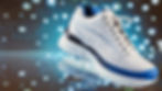 An athletic running shoe in 3/4 perspective, the shoe is white and blue, the shoe sole looks bouncy and professional, the running shoe looks high-end, made of premium leather and design, the lights glow behind the floating shoe, a out-of-focus urban background with much bokeh, water splashes everywhere, whimsical, fantasy, product lighting, splash, product shot, controlled light, high resolution, detailed, advertising