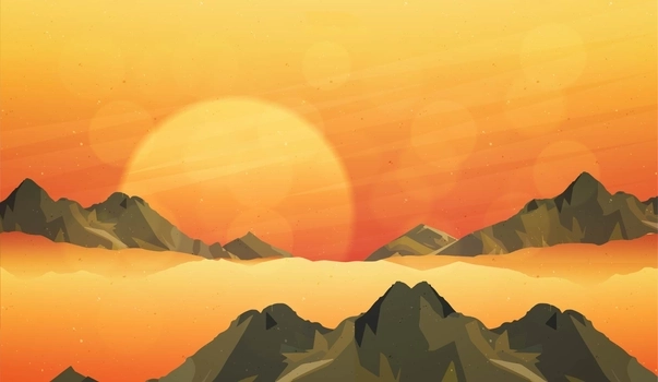 Vector background with a stunning sunset theme showcasing a mountain landscape with the sun setting in vibrant orange hues. 