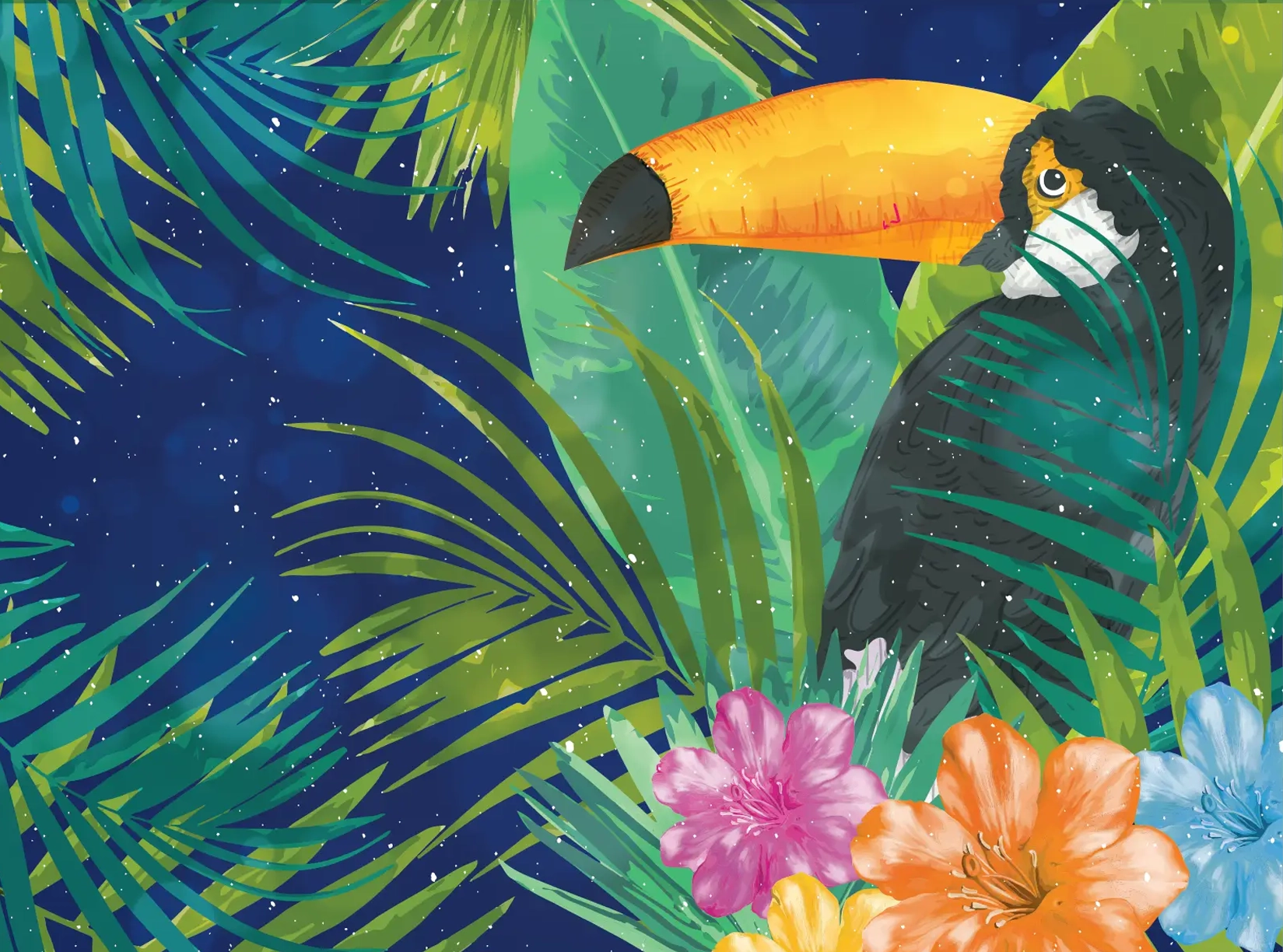 A toucan bird is showcased against a vibrant backdrop of tropical palm leaves, exuding the essence of spring.