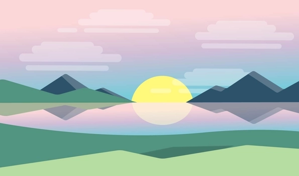 Sunrise backdrop showcasing a mountain lake landscape with the sun emerging in the background, all crafted with geometric elements.