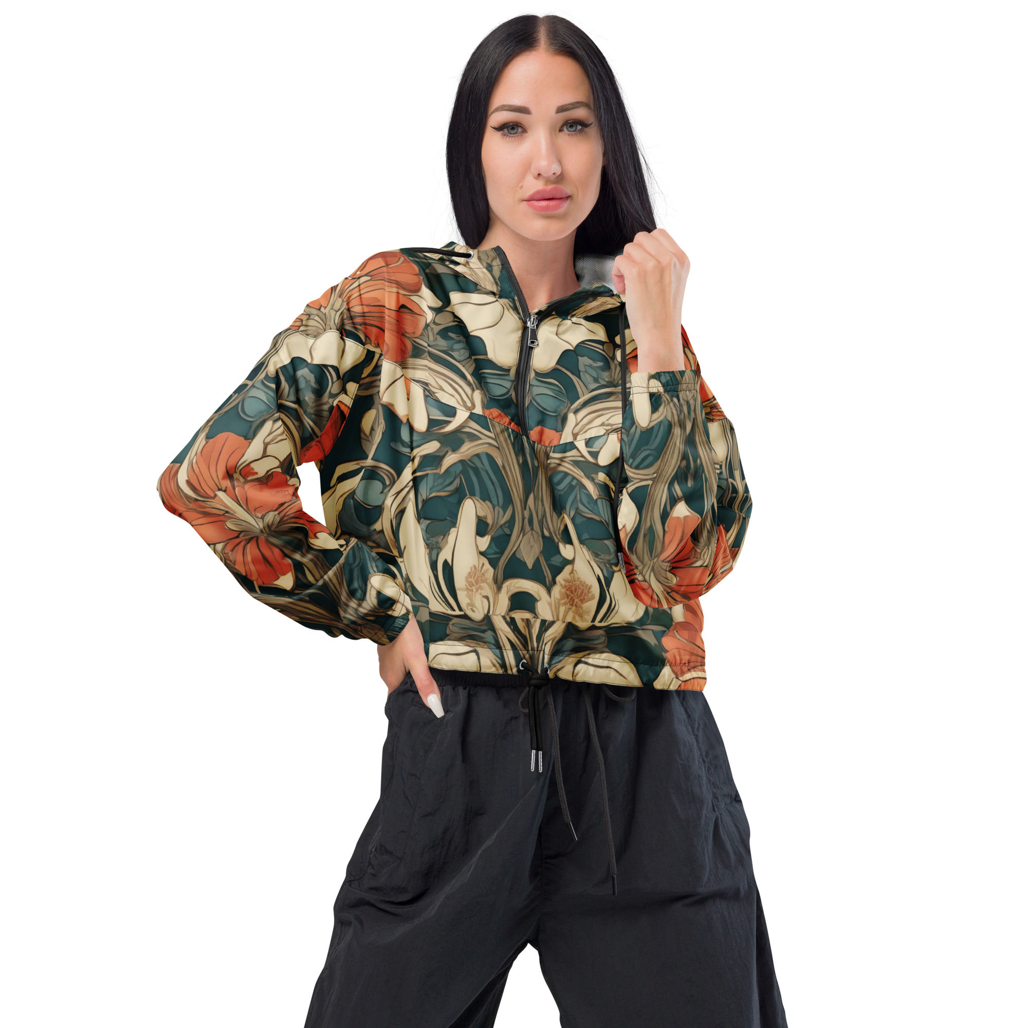 Art nouveau orange flowers Women’s cropped windbreaker