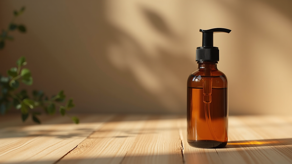 Close-up view of amber glass bottle with organic body oil on wooden surface