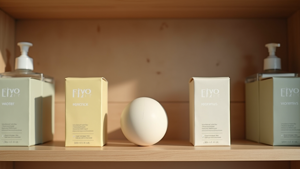 Eye-level view of eco-friendly soap packaging on a wooden shelf