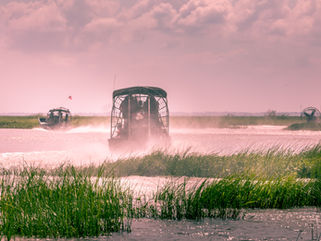 Airboats speed through misty water in the Florida Everglades. The scene exudes motion and serenity.