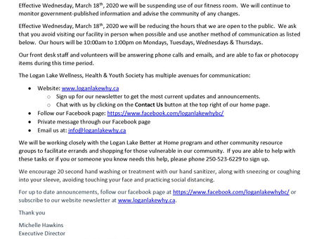 COVID-19 Announcement: Fitness Room closed & reduced hours