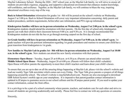 Welcome Back Letter/LEAP Scores are Available