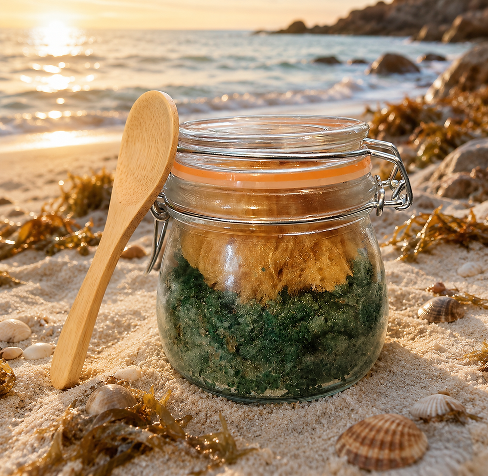 Seaglass Citrus Sugar Scrub w/natural sponge and spoon. y, sugar, coconut oil, lemon, grapefruit, vanilla