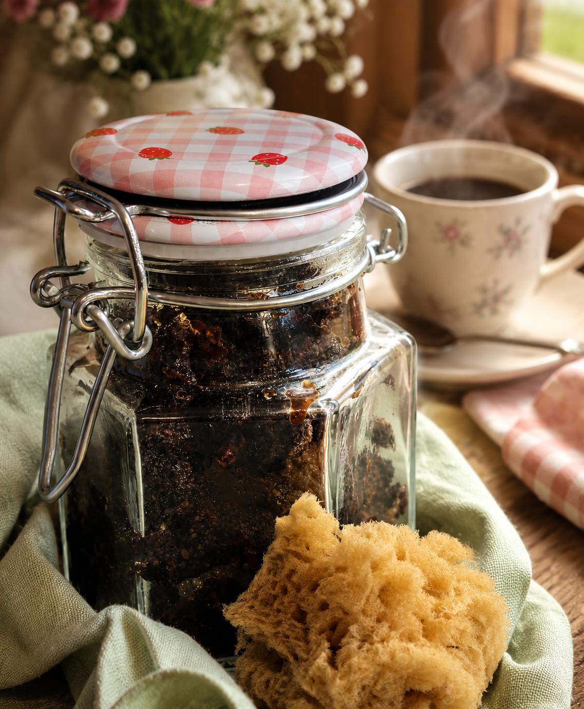 Old World Coffee Scrubs - Brown Sugar, Olive Oil, Honey, Reusable glass jar, natural sponge applicator