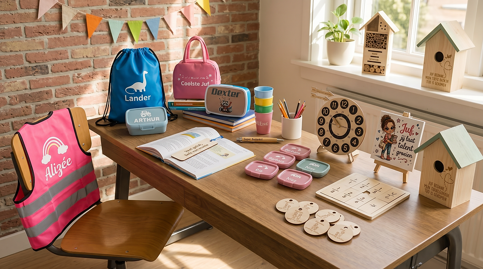 Schoolspullen met naam van leerkaartdoosjes tot houten schoolkaartjes, fluohesjes en koekendoosjesmet naam.