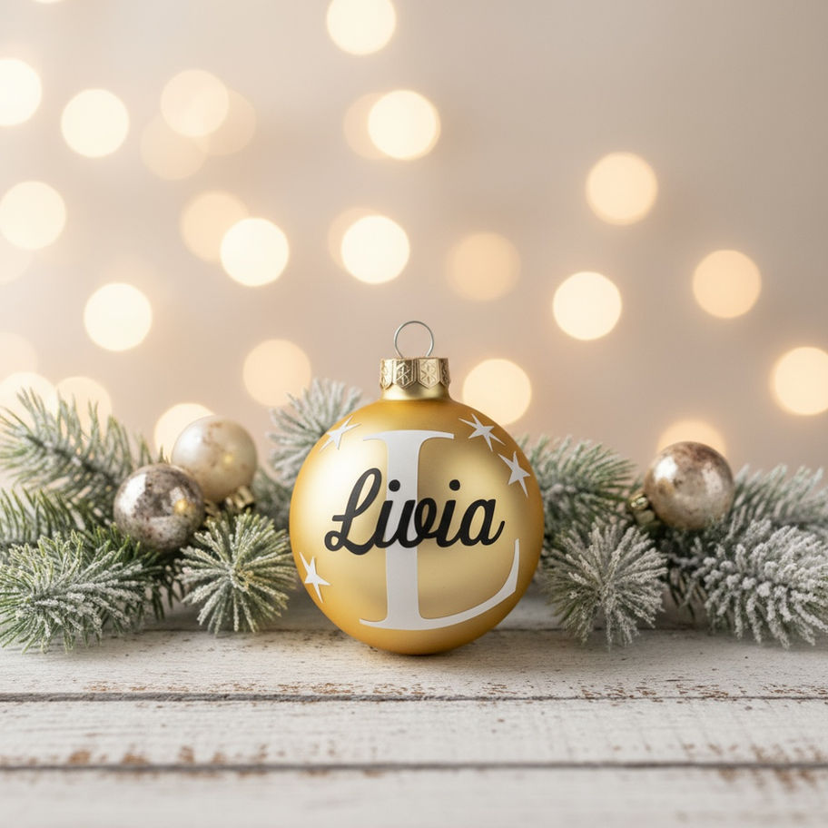 Kerstbal gepersonaliseerd goud mat 6cm tekst