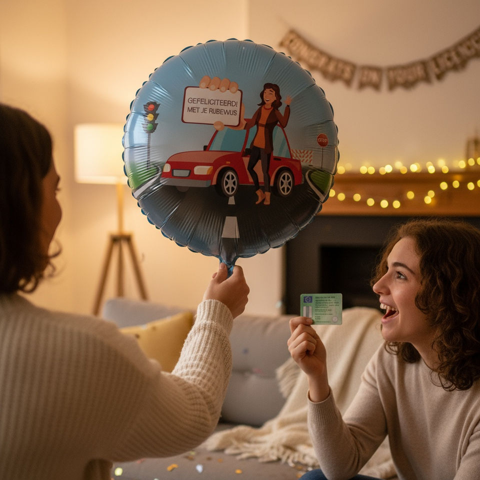 Vrouw met rijbewijs en ballon 'GEFELICITEERD JE HEBT JE RIJBEWIJS!'