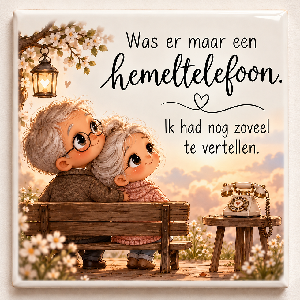 Herinneringstegeltje met de tekst “Was er maar een hemeltelefoon. Ik had nog zoveel te vertellen.”