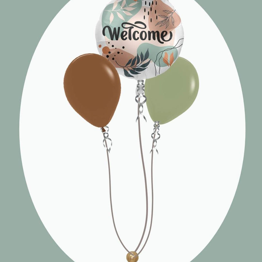 Drie ballonnen: een folieballon met 'Welcome', een bruine en een groene.
