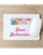 Witte muismat met 'HIP met PIT' en 'Naam Medewerker', witte muis.