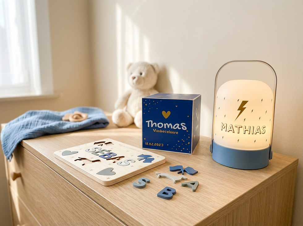 Geboorte cadeaus gepersonaliseerd voor jongens naampuzzel groot, spaarpotje met naam en een ledlampje met naam gepersonaliseerd
